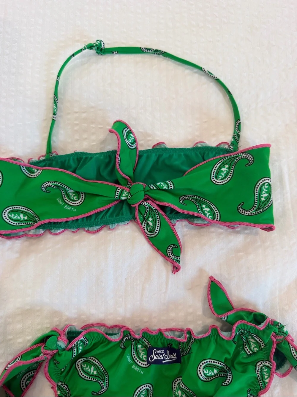 Green Paisley Kids Bikini Set with Pink Trim